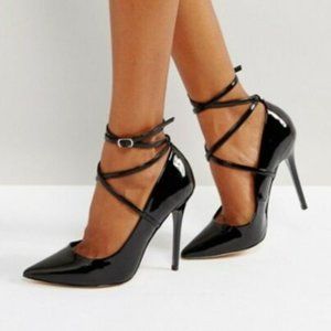 Office London Hila Black Patent Pointed Court Shoes Size 6 NIB Straps Buckle